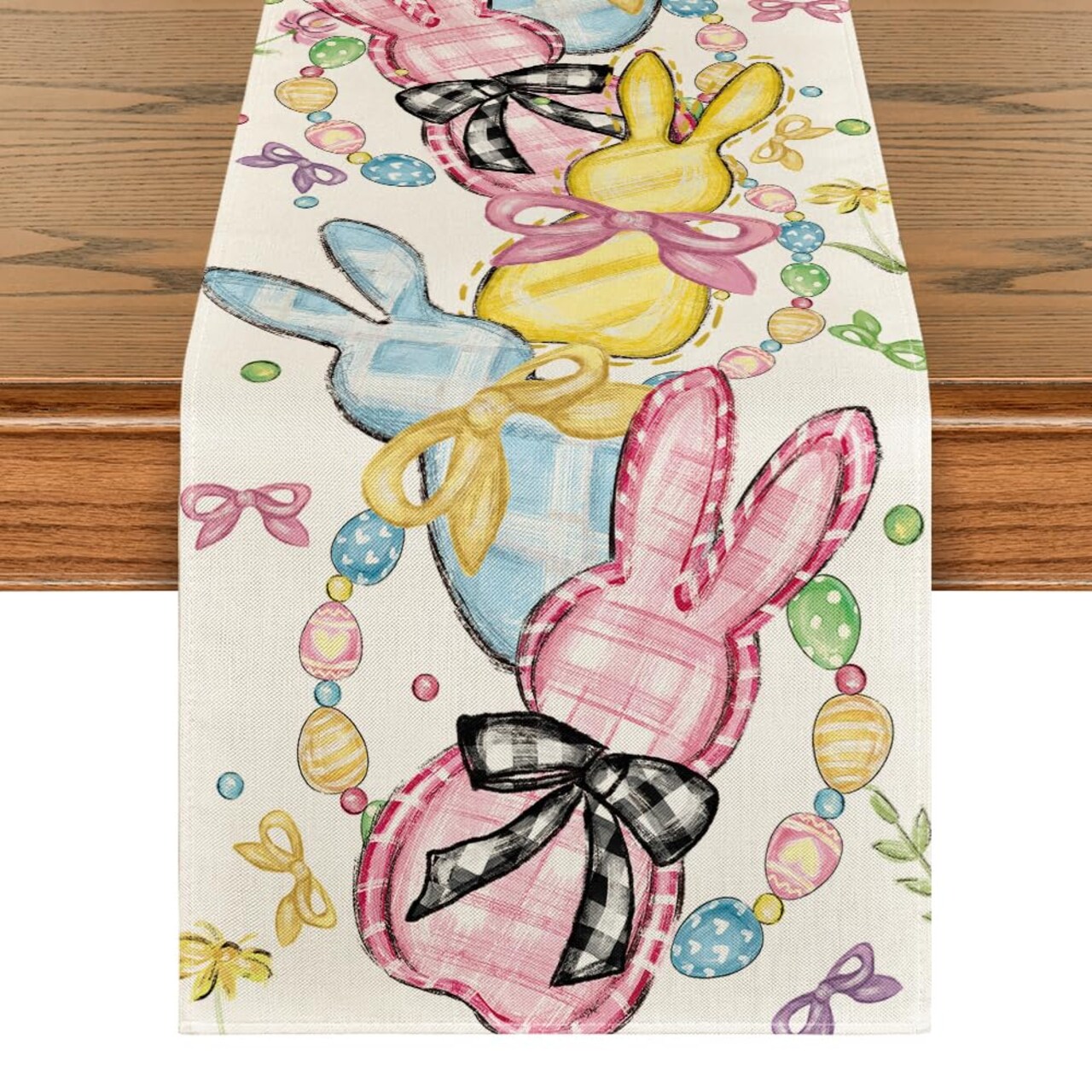 Floral Bow Bunny Rabbits Eggs Easter Table Runner, Seasonal Spring Kitchen Dining Table Decoration for Home Party Decor 13x72 Inch